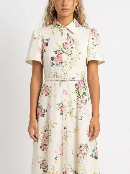 Floral Print Belted Cotton Shirt Maxi Dress - Dresses