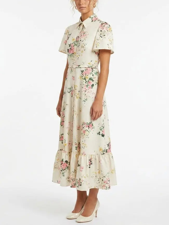 Floral Print Belted Cotton Shirt Maxi Dress - Dresses