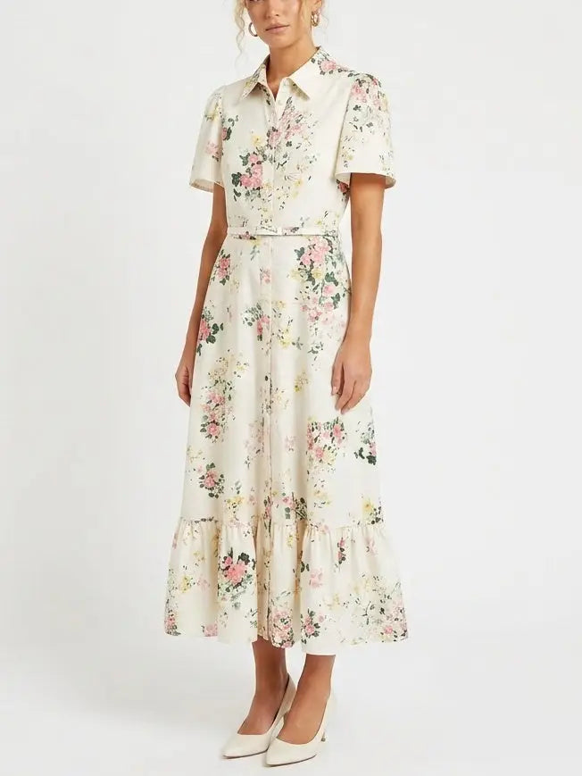Floral Print Belted Cotton Shirt Maxi Dress - Dresses
