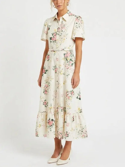 Floral Print Belted Cotton Shirt Maxi Dress - Dresses