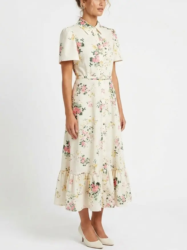 Floral Print Belted Cotton Shirt Maxi Dress - Dresses
