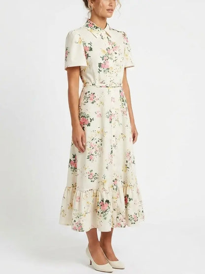 Floral Print Belted Cotton Shirt Maxi Dress - Dresses