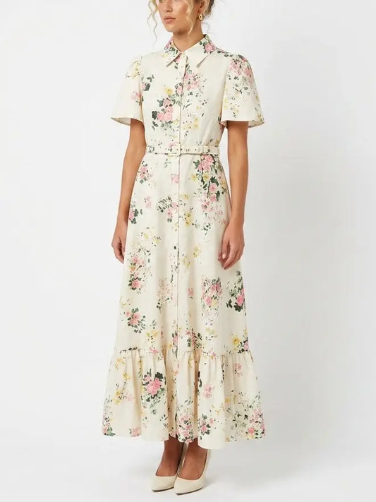 Floral Print Belted Cotton Shirt Maxi Dress - Dresses