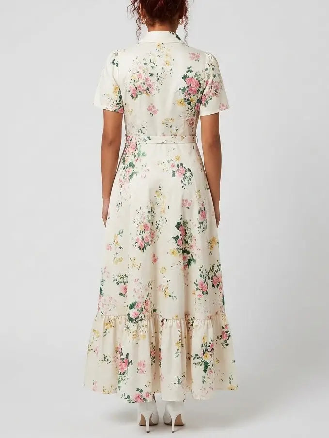 Floral Print Belted Cotton Shirt Maxi Dress - Dresses