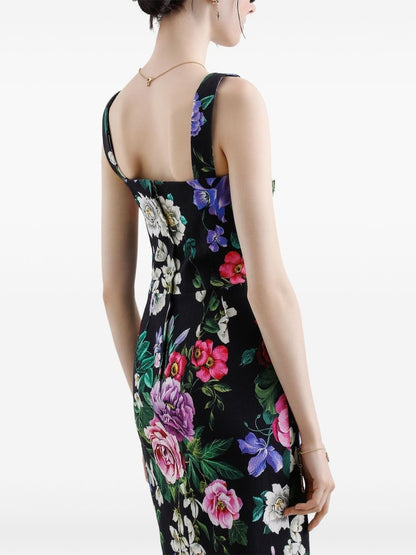 Floral Print Black Midi Sheath Dress