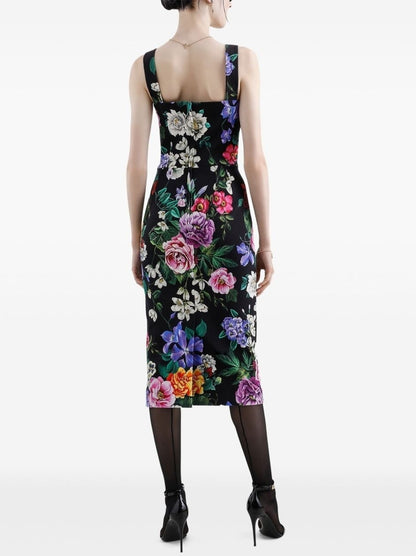 Floral Print Black Midi Sheath Dress