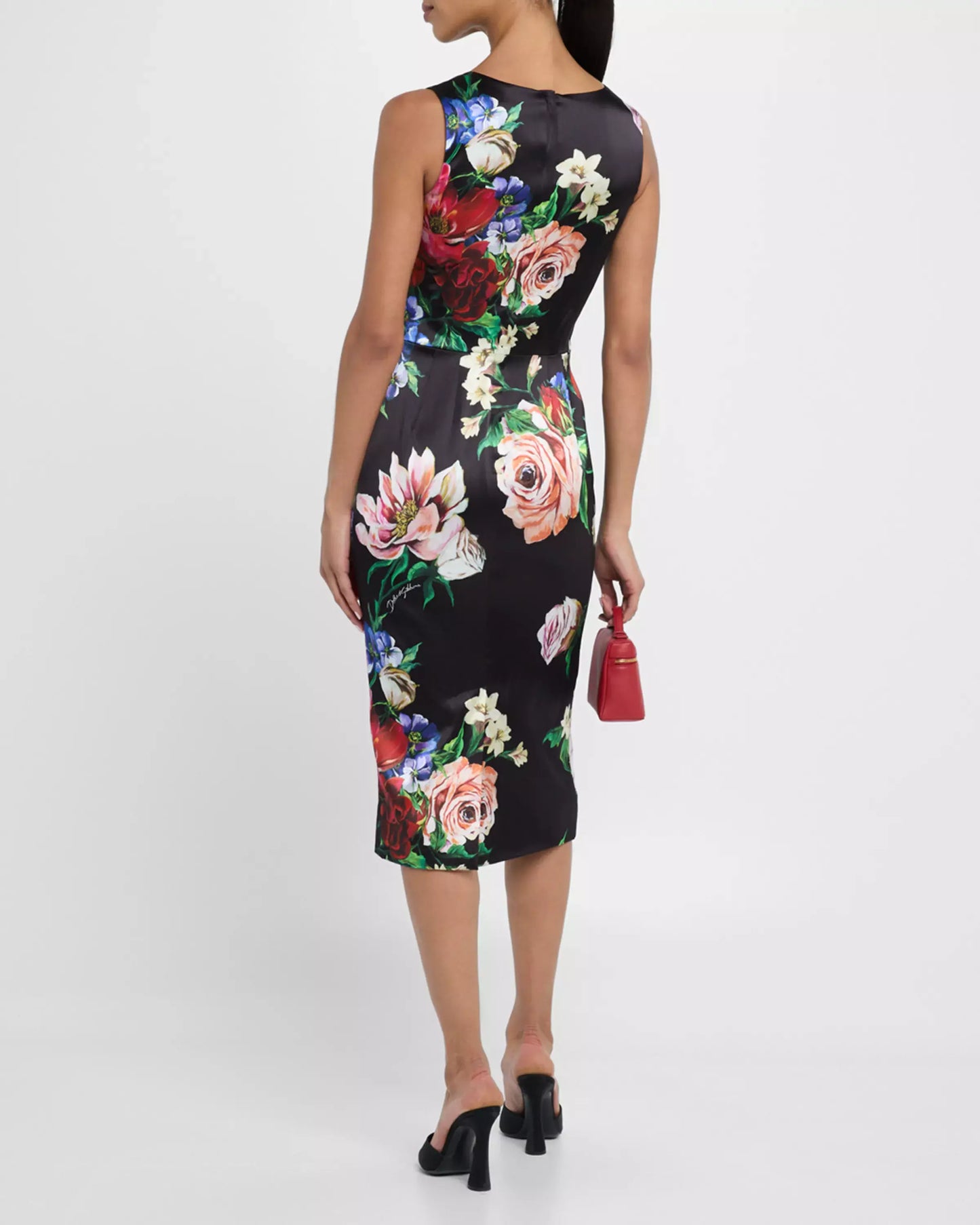 Floral Print Black Satin Sleeveless Midi Dress