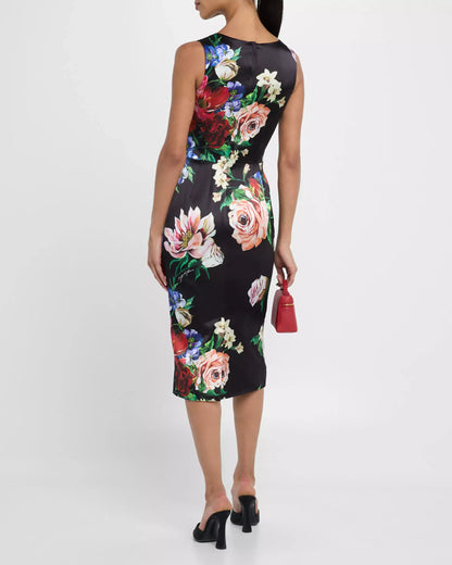 Floral Print Black Satin Sleeveless Midi Dress
