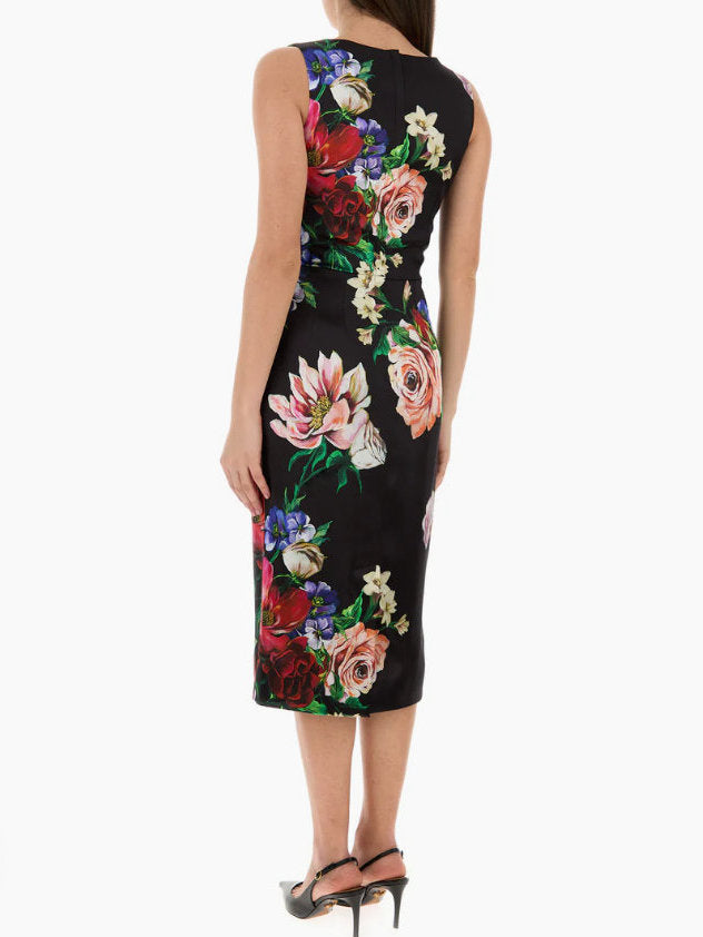 Floral Print Black Satin Sleeveless Midi Dress