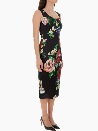 Floral Print Black Satin Sleeveless Midi Dress