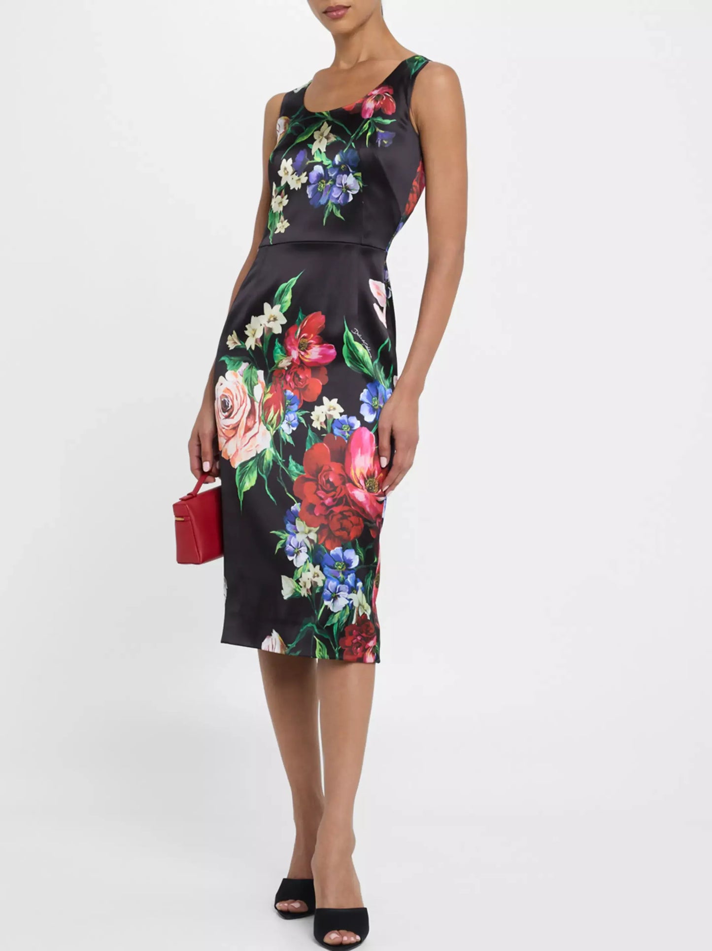 Floral Print Black Satin Sleeveless Midi Dress