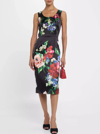 Floral Print Black Satin Sleeveless Midi Dress