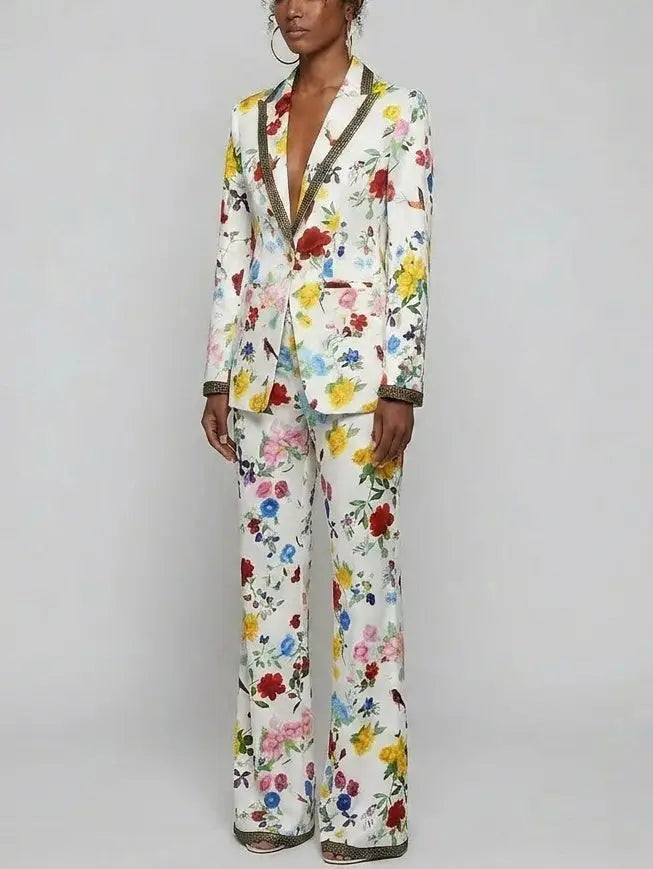Floral Print Blazer and Pants Set with Contrast Trim - Suits & Sets