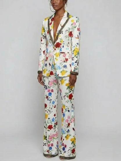 Floral Print Blazer and Pants Set with Contrast Trim - Suits & Sets