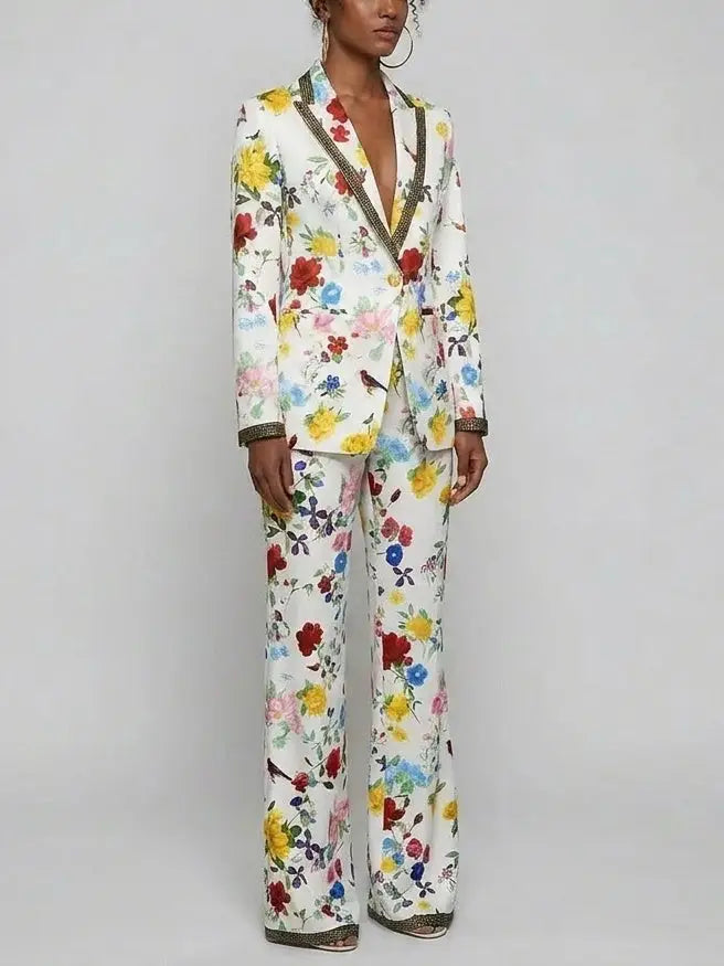 Floral Print Blazer and Pants Set with Contrast Trim - Suits & Sets