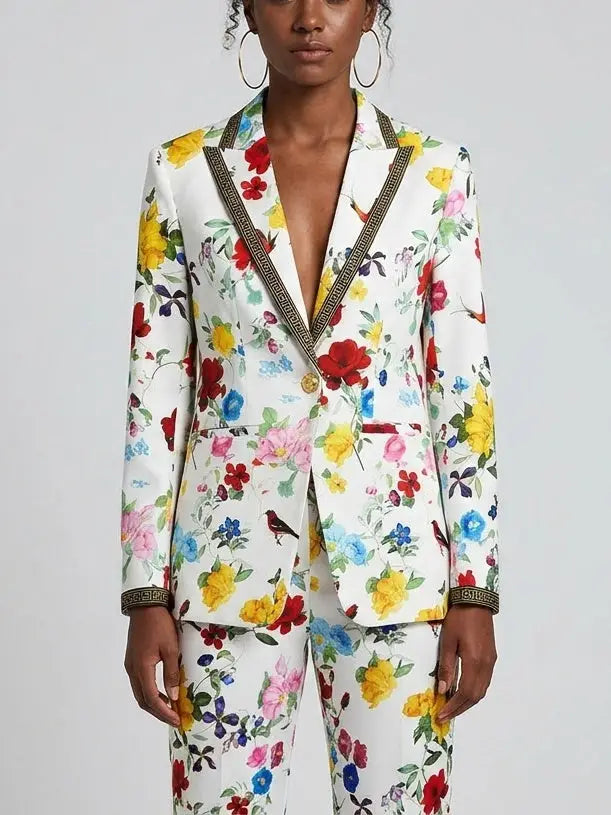 Floral Print Blazer and Pants Set with Contrast Trim - Suits & Sets