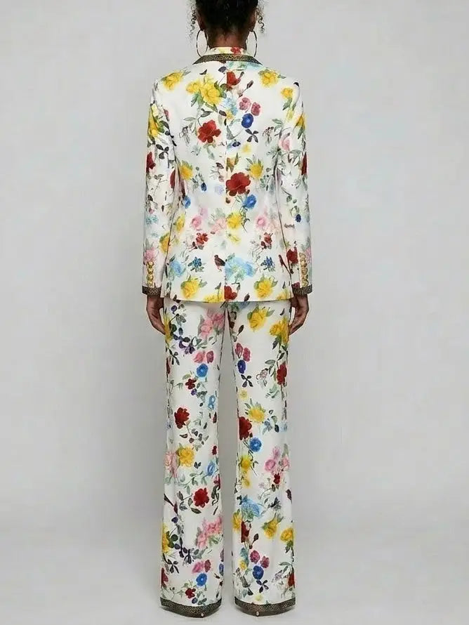 Floral Print Blazer and Pants Set with Contrast Trim - Suits & Sets