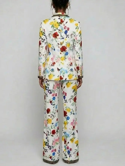 Floral Print Blazer and Pants Set with Contrast Trim - Suits & Sets