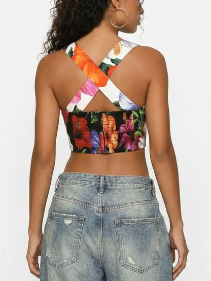 Floral Print Button Front Cropped Top with Cross Back - Tops