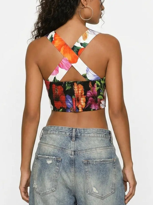 Floral Print Button Front Cropped Top with Cross Back - Tops