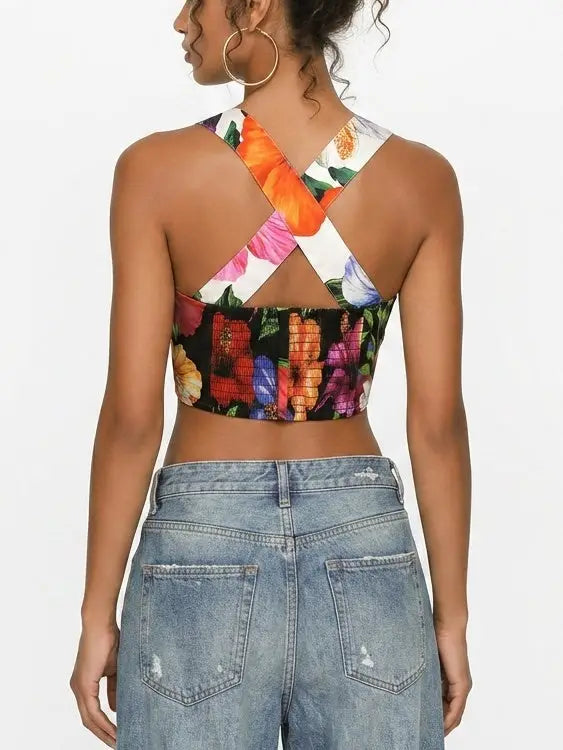 Floral Print Button Front Cropped Top with Cross Back - Tops