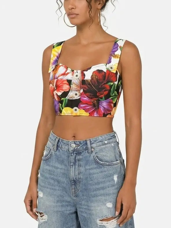 Floral Print Button Front Cropped Top with Cross Back - Tops