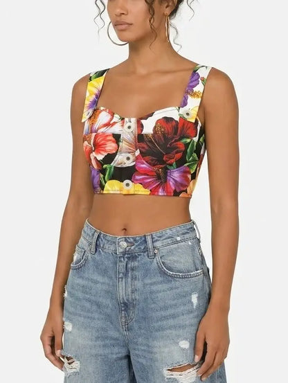 Floral Print Button Front Cropped Top with Cross Back - Tops