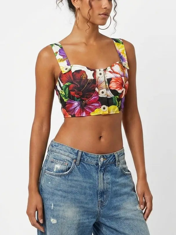 Floral Print Button Front Cropped Top with Cross Back - Tops