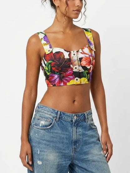Floral Print Button Front Cropped Top with Cross Back - Tops