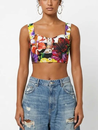Floral Print Button Front Cropped Top with Cross Back - Tops