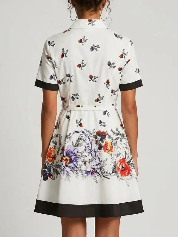 Floral Print Contrast-Trim Cotton Mini Shirt Dress - Dresses