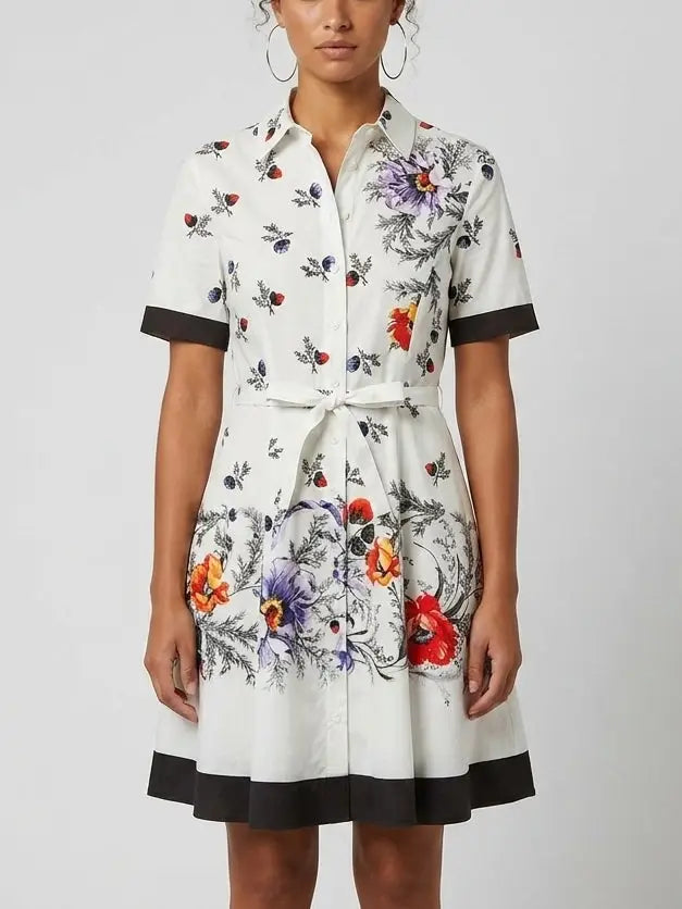 Floral Print Contrast-Trim Cotton Mini Shirt Dress - Dresses