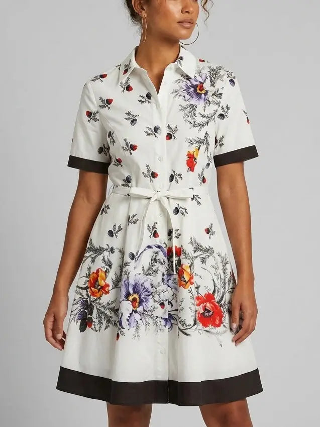 Floral Print Contrast-Trim Cotton Mini Shirt Dress - Dresses