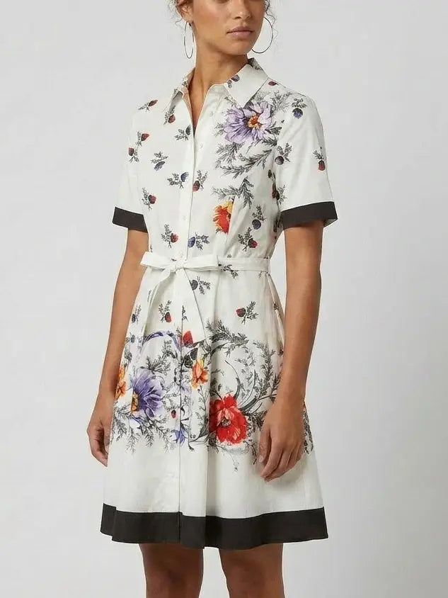 Floral Print Contrast-Trim Cotton Mini Shirt Dress - Dresses