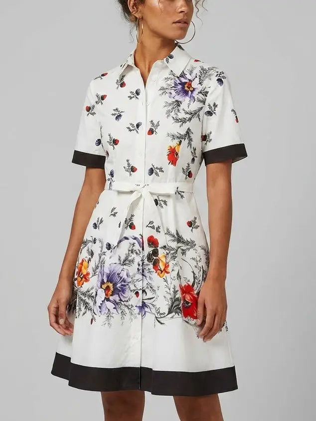 Floral Print Contrast-Trim Cotton Mini Shirt Dress - Dresses