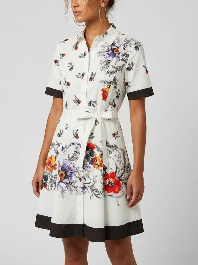 Floral Print Contrast-Trim Cotton Mini Shirt Dress - Dresses