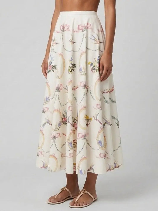 Floral Print Cotton Skirt with Ribbon Detail - Skirts