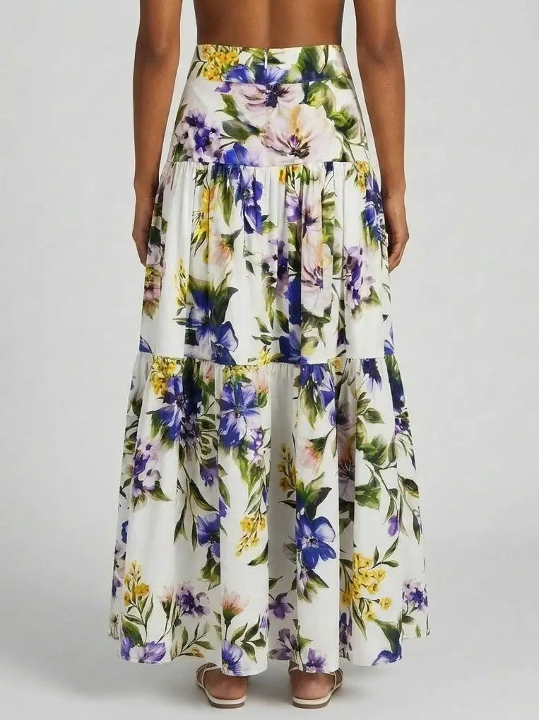 Floral Print Cotton Tiered Maxi Skirt - Skirts