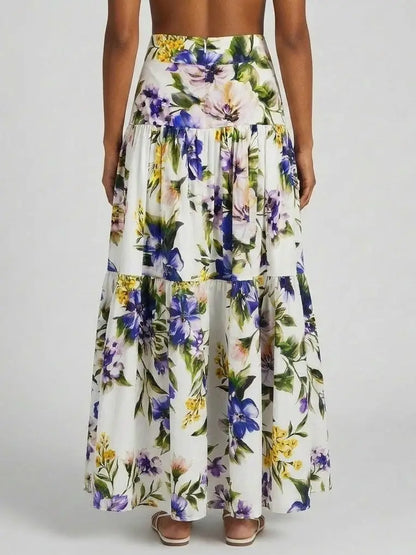 Floral Print Cotton Tiered Maxi Skirt - Skirts