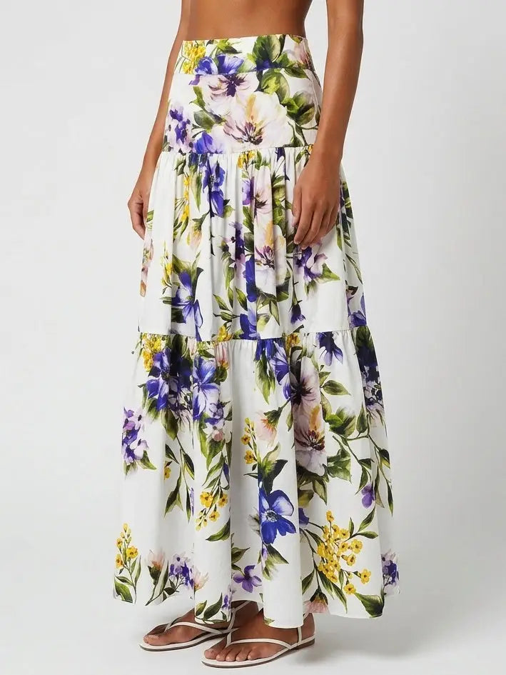 Floral Print Cotton Tiered Maxi Skirt - Skirts