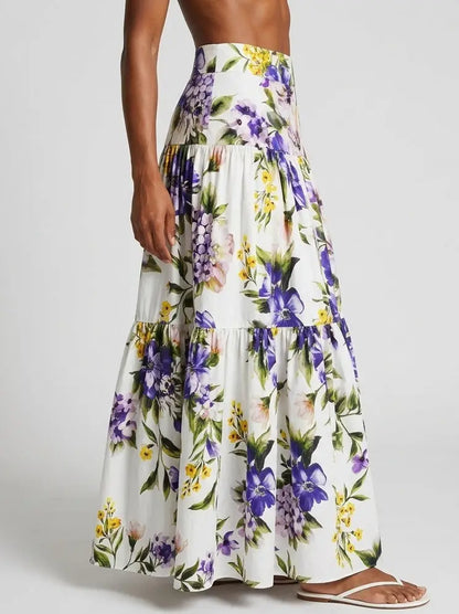 Floral Print Cotton Tiered Maxi Skirt - Skirts