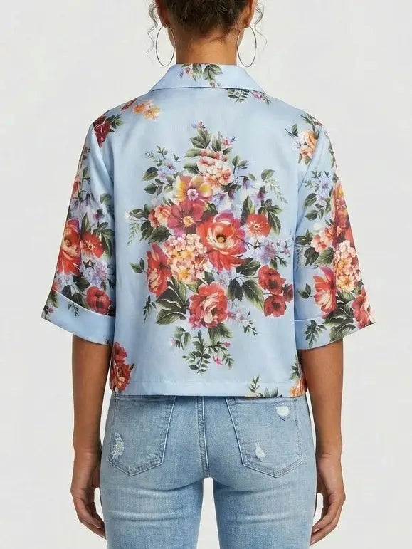 Floral Print Cropped Silk Shirt in Light Blue