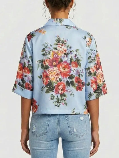 Floral Print Cropped Silk Shirt in Light Blue