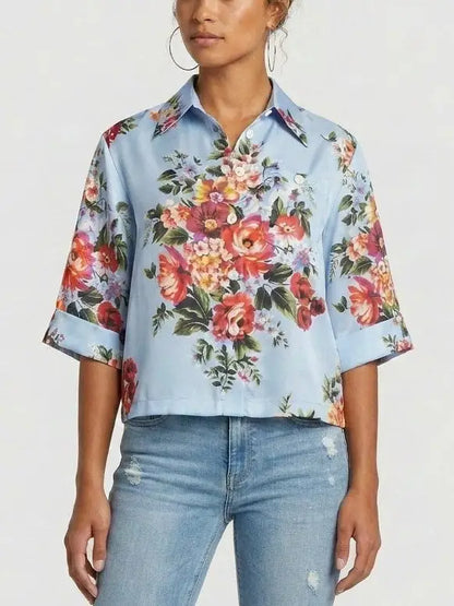 Floral Print Cropped Silk Shirt in Light Blue