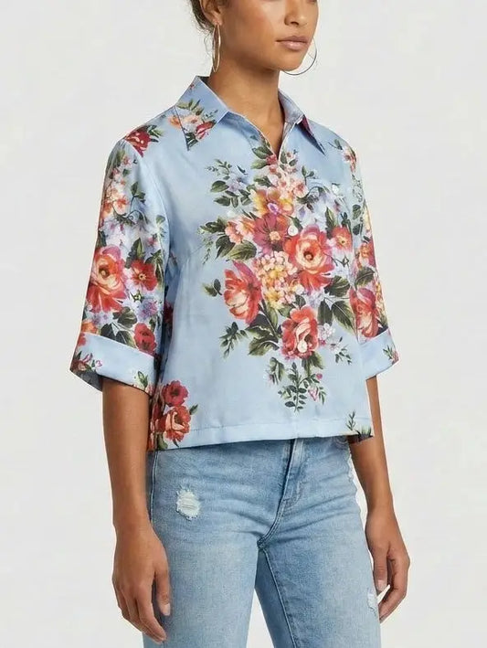 Floral Print Cropped Silk Shirt in Light Blue