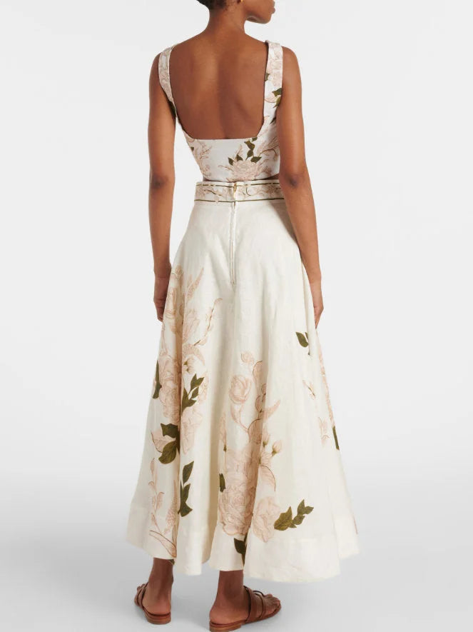 Floral Print Lace-Up Corset Top and Skirt Set - Suits & Sets
