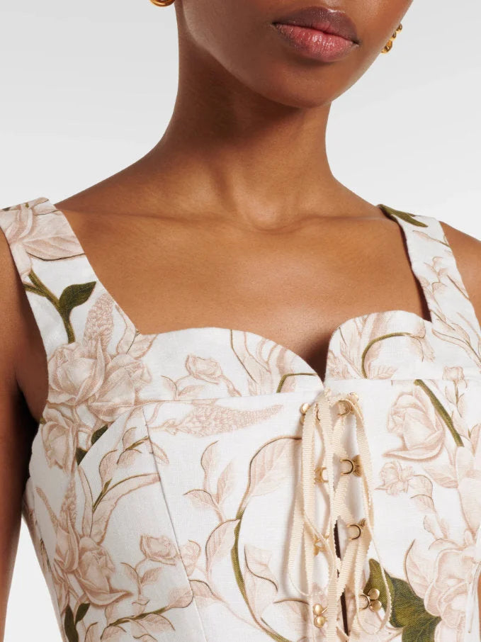Floral Print Lace-Up Corset Top and Skirt Set - Suits & Sets