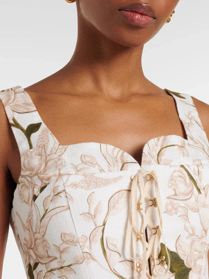 Floral Print Lace-Up Corset Top and Skirt Set - Suits & Sets