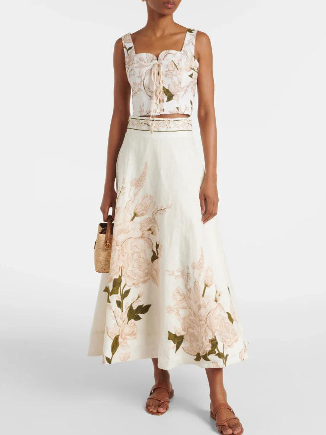 Floral Print Lace-Up Corset Top and Skirt Set - Suits & Sets