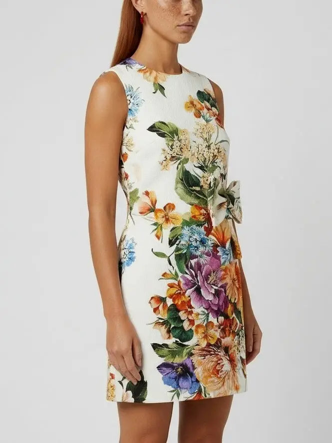 Floral Print Mini Dress with Bow Detail - Dresses
